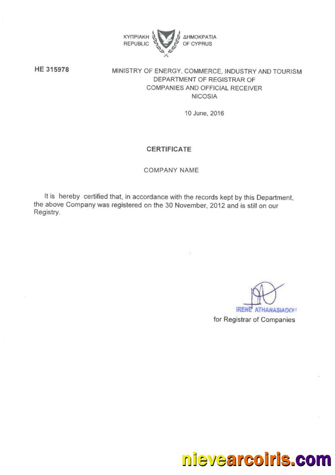 Cyprus Certificate of Registration